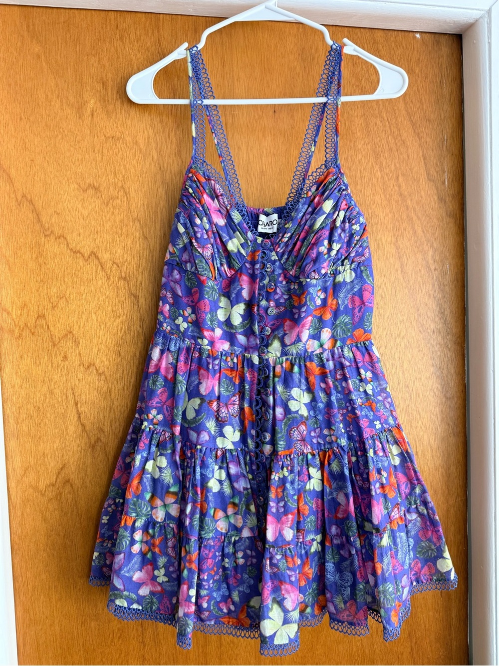 Charo Ruiz Ibiza Angy Butterfly Print Lace Tiered Mini Dress
